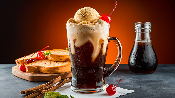 Delicious Root Beer Float -  Ultra, root beer float, dessert, cherry wallpaper
