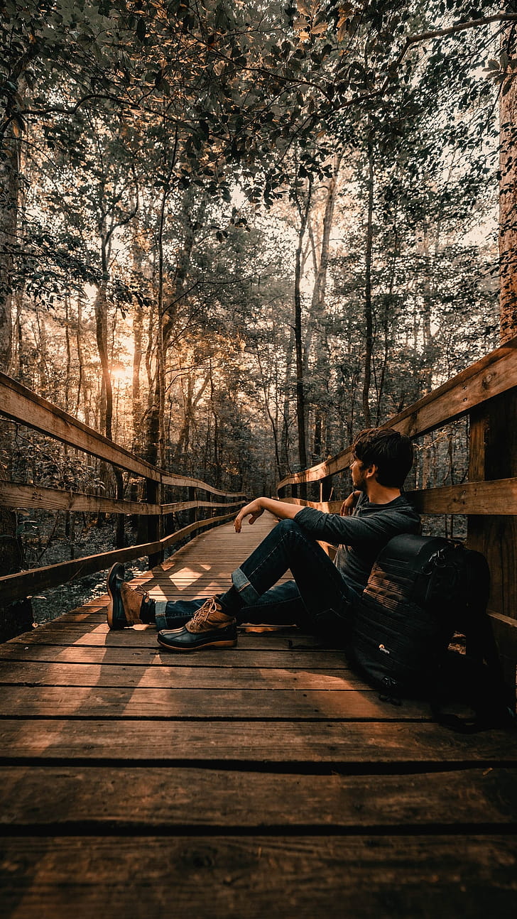 forest, man, alone phone wallpaper
