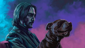 John Wick With Dog Art, keanu-reeves, john-wick, movies, artwork wallpaper