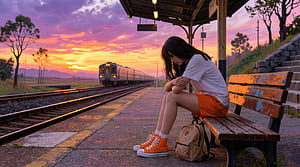 Girl At Train Station Sunset, asian, girl, alone, train-station, sunset, artist, artwork, art, digital-art, ai, deviantart wallpaper