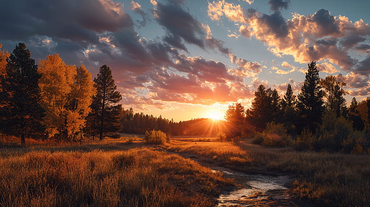 meadow, stream, forest wallpaper