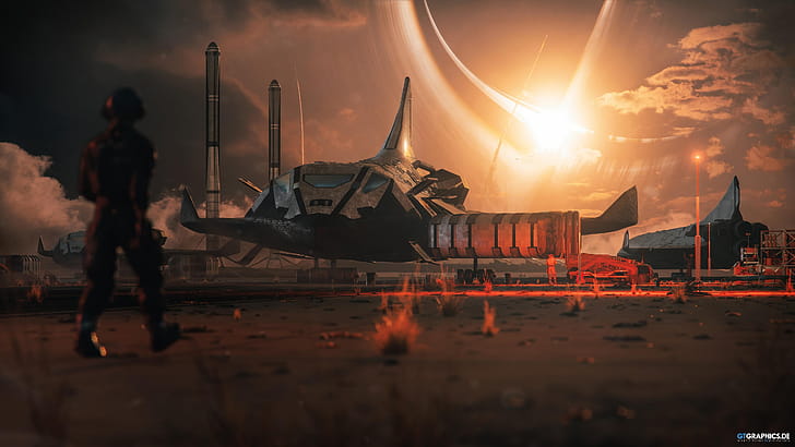 eclipse, Sci Fi, spaceship, landscape, person wallpaper