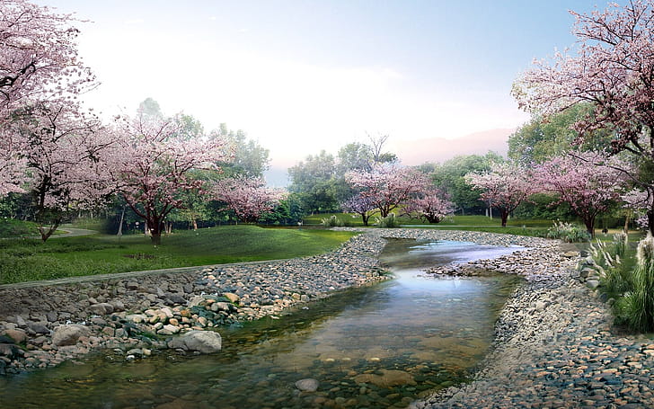 River, Spring wallpaper