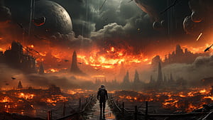 Sci-Fi Apocalypse, Sci Fi, apocalypse, fire, Helldivers, red wallpaper