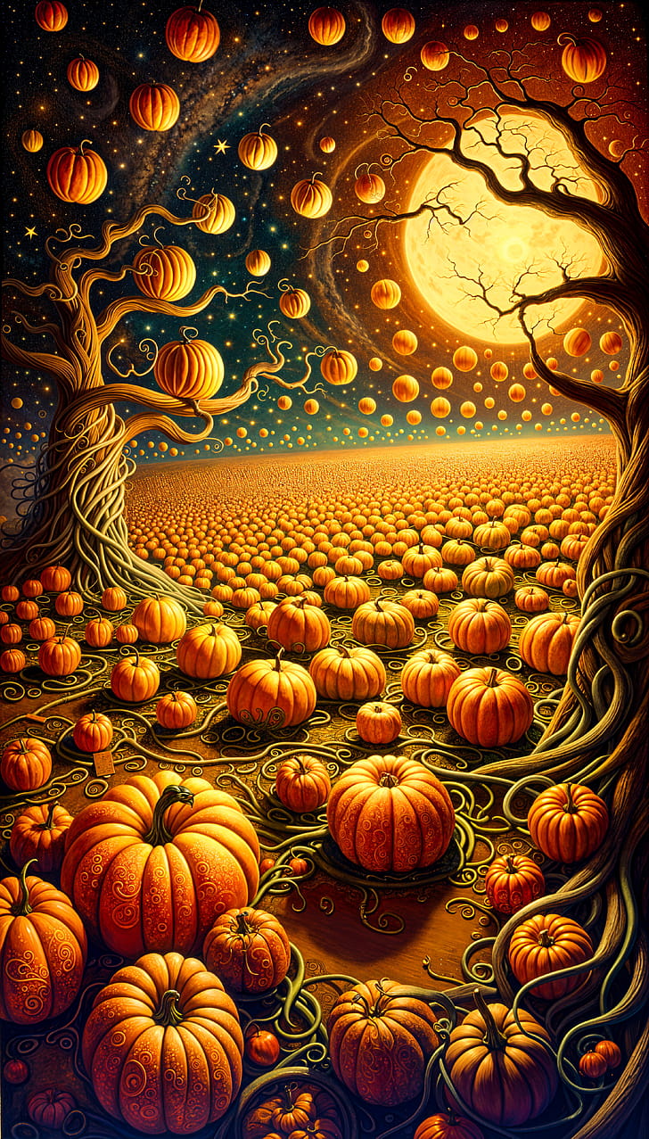 Enchanted Pumpkin Patch : A Captivating Fall Escape, pumpkin patch, pumpkin, moon, tree phone wallpaper
