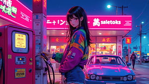 Cyberpunk Neon Girl At Gas Station, cyberpunk, neon, girl, gas-station, artist, artwork, art, digital-art, ai, deviantart wallpaper