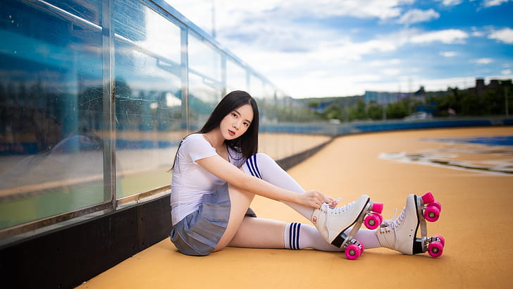 Rollerskating, Asian model, Roller skates, wallpaper