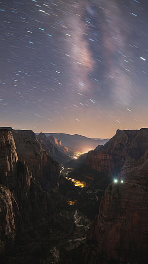 Valley Mountains, Starry Sky, Evening phone wallpaper