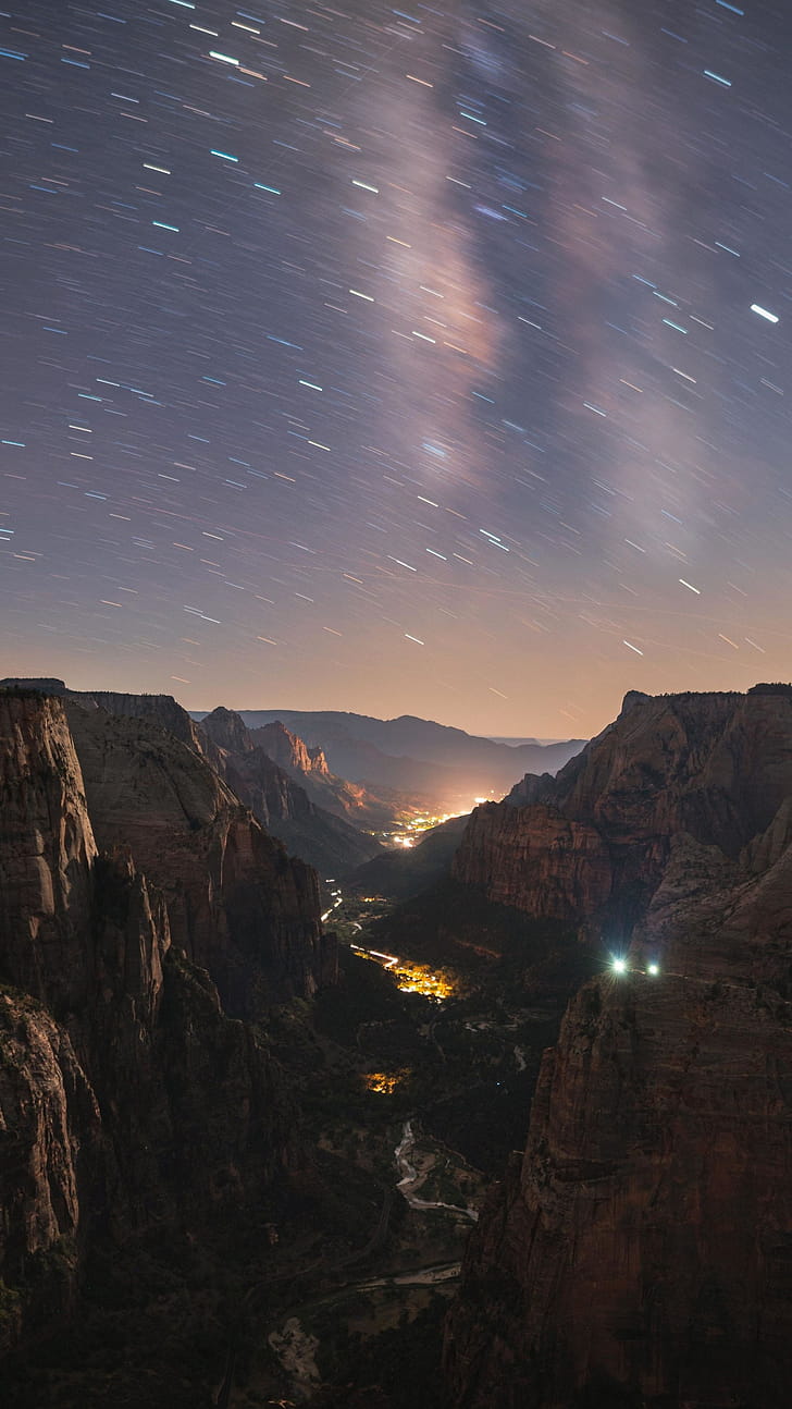 Valley Mountains, Starry Sky, Evening phone wallpaper