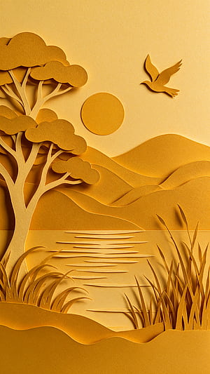 Ocre Landscape: Tree, Sun & Bird iPhone phone wallpaper