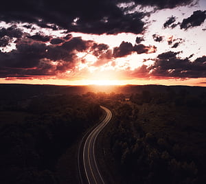 Beautiful Road Path Sun Setting Drone View , drone-view, road, nature, trees, sunset wallpaper