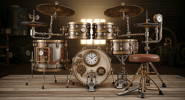 Clockwork Drum Kit —, Drum Set, Steampunk wallpaper