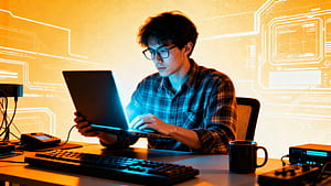 Geek: Neon Coder at the Desk, Programmer, Laptop, Computer wallpaper