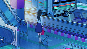 Train Station Anime Girl With Cat, anime-girl, anime, train-station, train, artist, artwork, digital-art wallpaper