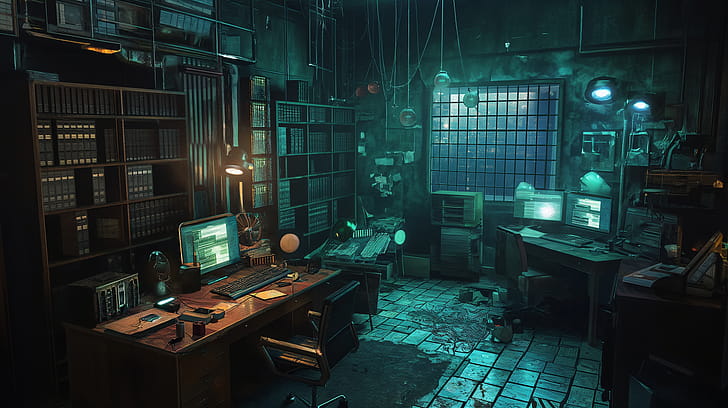 Dark Atmospheric Study Room with Computers, computer, Study wallpaper