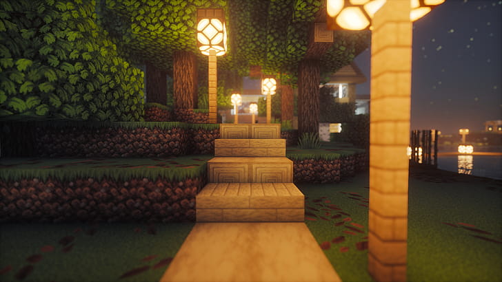 Starlit Lantern Path —  Blocky Forest wallpaper
