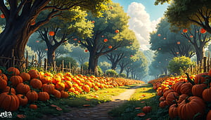 Charming Pumpkin Patch -  Ultra, pumpkin patch, tree-lined wallpaper