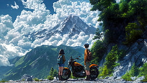 Anime Boy And Girl On Bike Together On The Peaks, anime-boy, girl, mountains, mountain, tree, sky, bike, artist, artwork, art, digital-art, ai, deviantart wallpaper