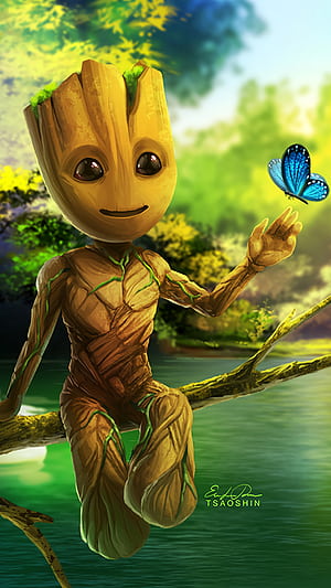 butterfly, Groot, Comic phone wallpaper