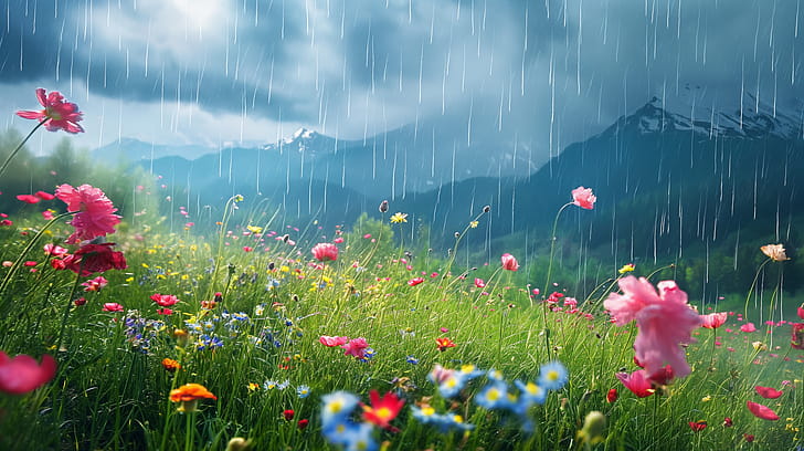 Spring Rain Meadow, spring wallpaper