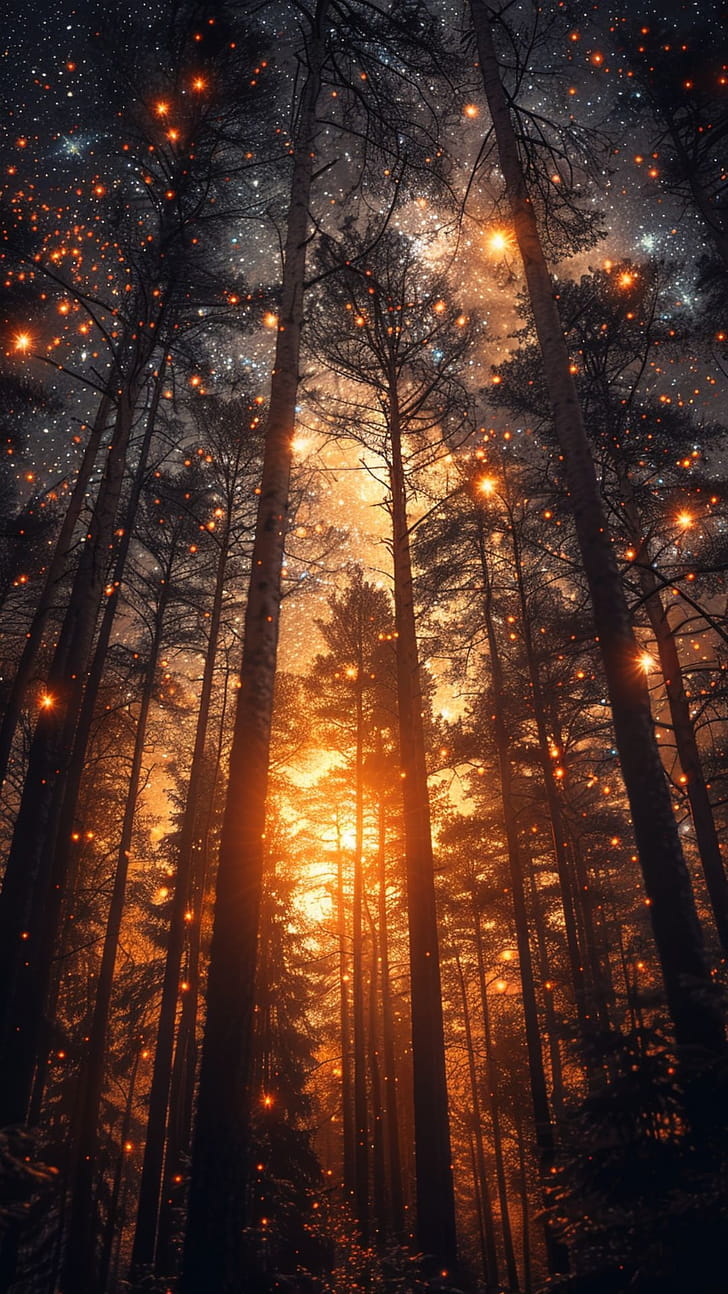 Starry Twilight, tree, forest, light phone wallpaper