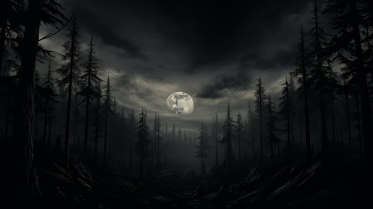 Moonlit Forest Path, dark, forest wallpaper