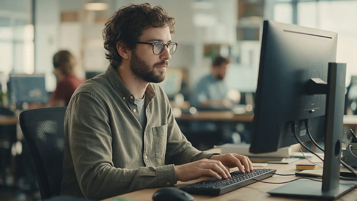 Quad : Focused Office Coder, Man, Computer wallpaper