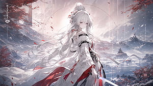 Hiyuki: Snowbound Blade — Wuthering Waves, Hiyuki (Wuthering Waves), Anime Girl, Katana, Kimono wallpaper
