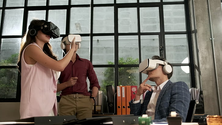 VR headset simulation, Futuristic workspace, Interactive touch experience, Cutting-edge technology wallpaper