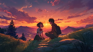 Anime Girl With His Loved One, anime-girl, boy, sunset, view, mountains, artwork, art, digital-art, ai, artist wallpaper