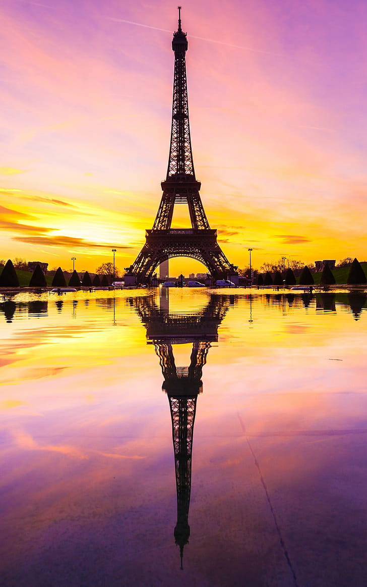 Sunset, Eiffel Tower phone wallpaper