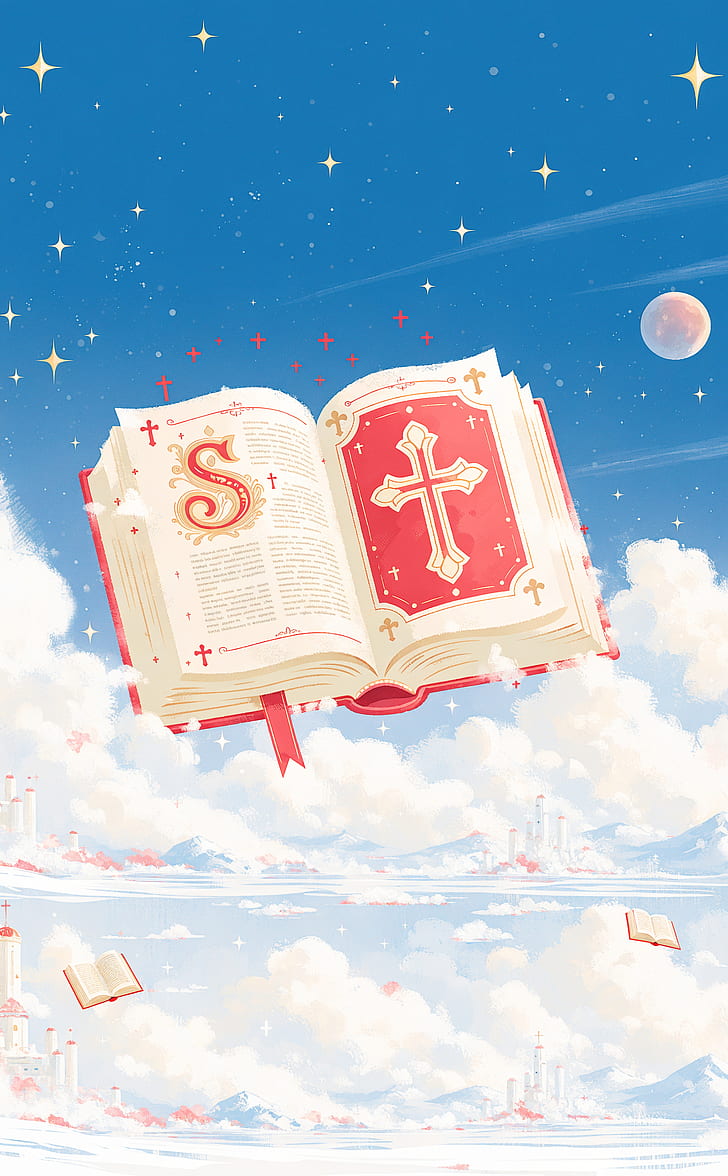 Celestial Bible: Floating Scripture & Cross, Book phone wallpaper