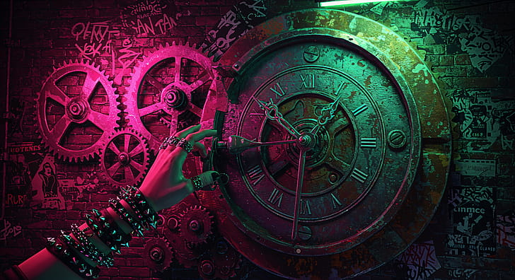 Clockwork Dreams: A Stunning  Ultra, clockwork, steampunk, clock, gears, graffiti wallpaper