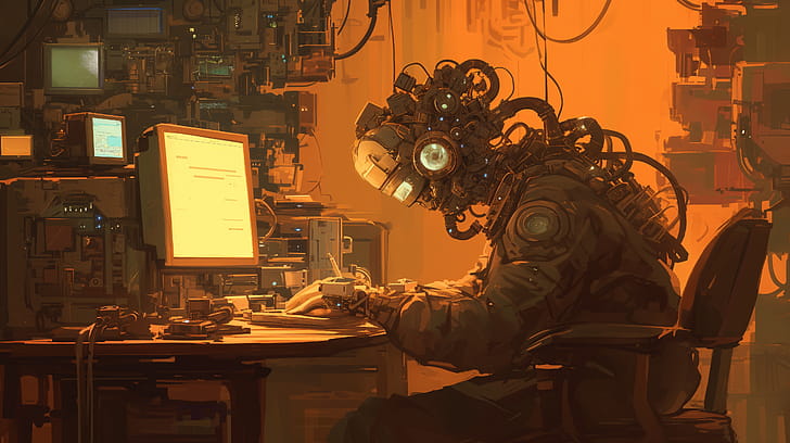 Sci-Fi Programmer and Robot in Action, Sci Fi, programmer, robot, cyberpunk, technology wallpaper