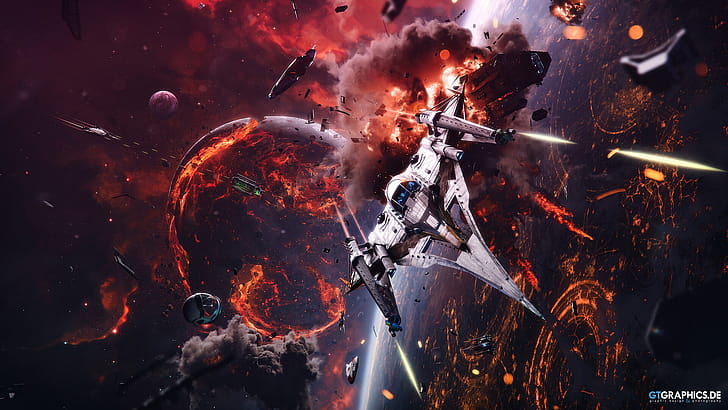 Trident, Sci Fi, spaceship, space, explosion, galaxy wallpaper