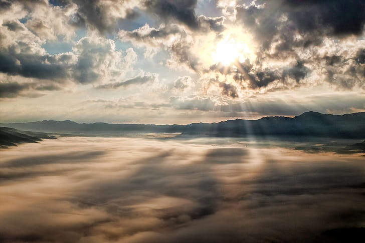 Sun Rays Through Clouds Mountains, sunrays, clouds, mountains, nature wallpaper