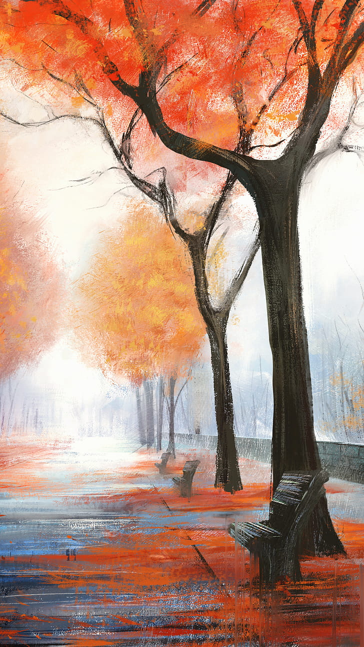 bench, artistic, fall phone wallpaper