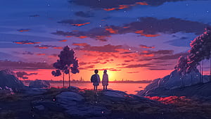 Anime Girl Boy Sunset At Lake , anime-boy, anime-girl, anime, sunset, lake, artist, artwork, digital-art, deviantart wallpaper