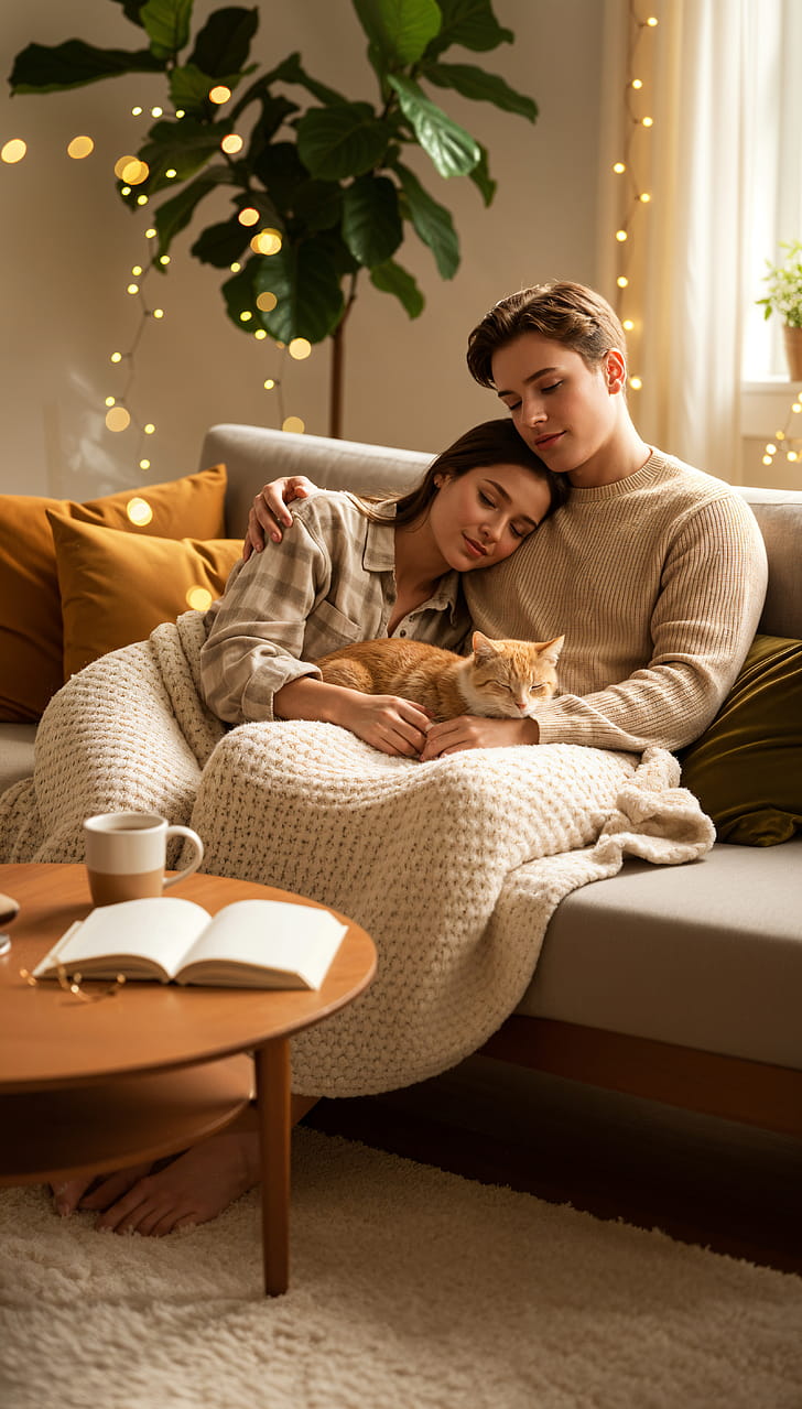 couple, cat phone wallpaper