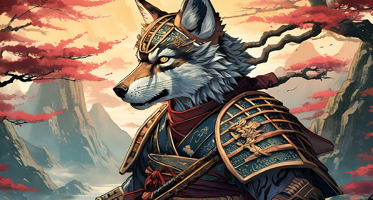 Lobo Samurai, wolf, samurai wallpaper