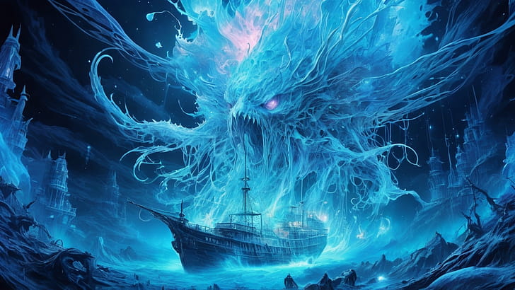 Ghost Ship, ghost, ship, blue, glow, creature wallpaper