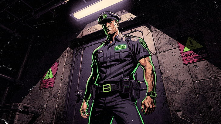 Neon Nightwatch —  Security Guard, Security Guard, Uniform, Comic, Corridor wallpaper