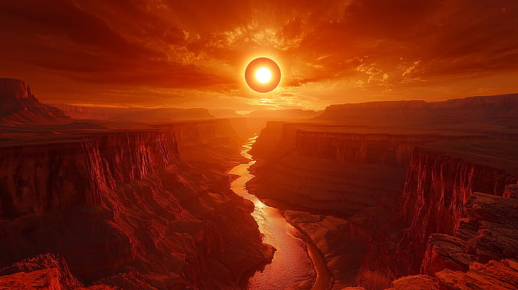 Stunning Eclipse Over Canyon River -, eclipse, canyon, river, sunlight, landscape wallpaper