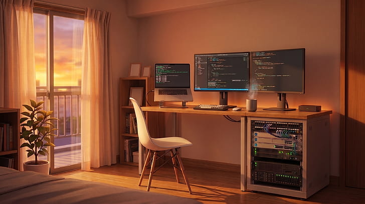 Dev room, Sunset, Coding wallpaper