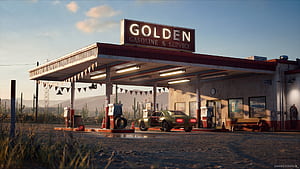 Golden Gasoline Desert Gas Station, artist, artwork, digital-art, artstation, gas-station wallpaper