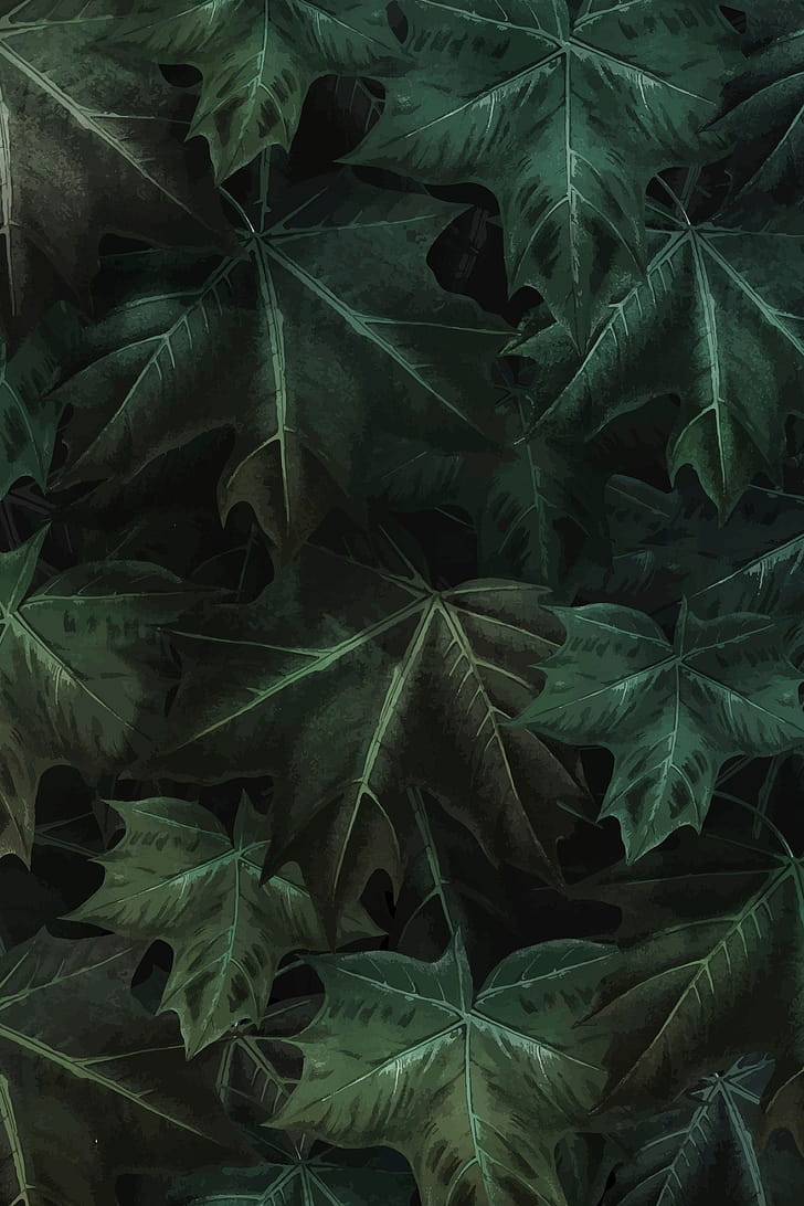 Green maple leaf, Hand-drawn, Patterned background, Vector phone wallpaper
