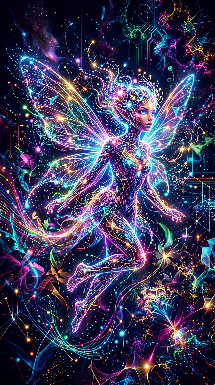 Neon Pixie Lumina | Circuitwing Pixie | Starlit Pixie Glow | Aurora Pixie, Fairy, Magic phone wallpaper