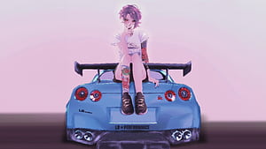 Anime Girl Sitting On Trunk Of Nissan Gtr, anime-girl, anime, artist, artwork, digital-art wallpaper