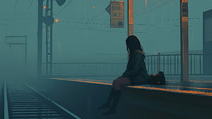Sitting At Train Station, anime-girl, anime, train-station, artist, artwork, digital-art wallpaper